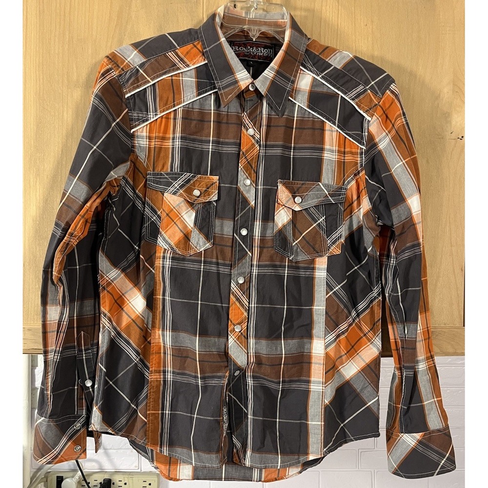 Rock & Roll Cowboy Western Shirt Mens L Orange Brown Plaid Pearl Snap L